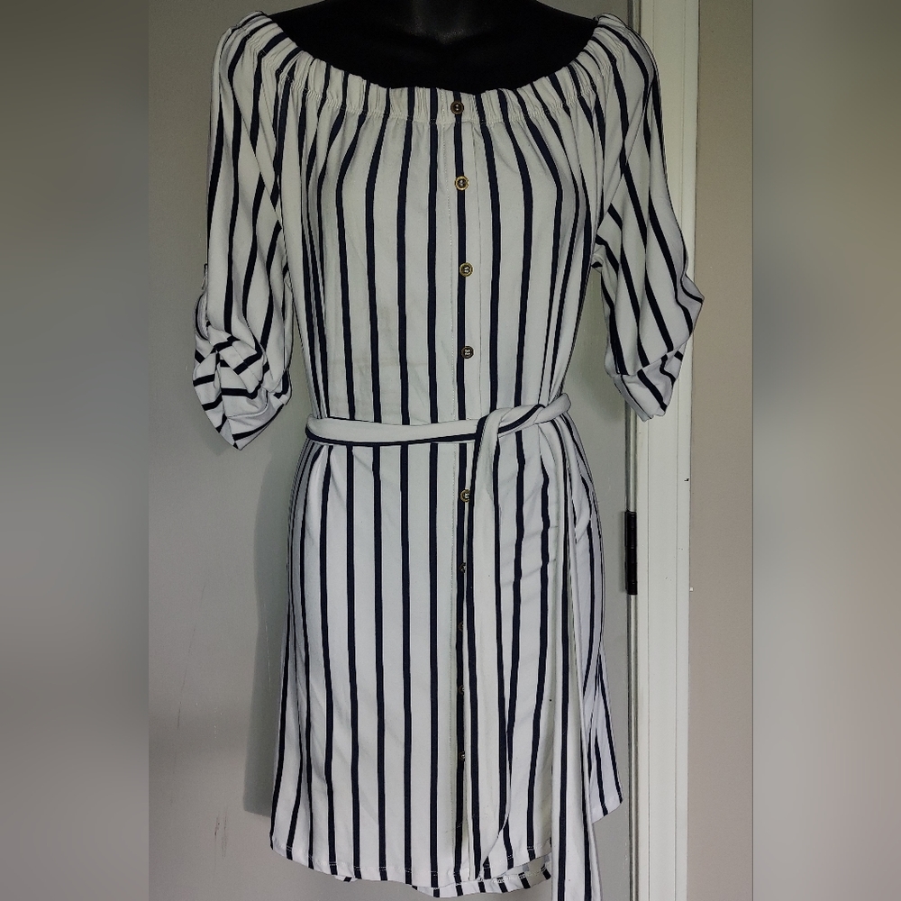 Navy and White Off Shoulder Dress